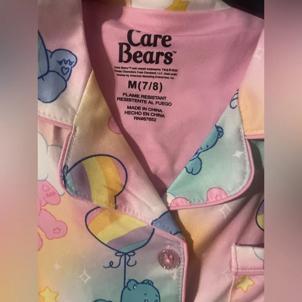 NWT Care Bears Girls Pajama Set Size‎ M 7/8 Rainbow Hearts 2 Piece Sleepwear